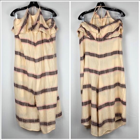 Anthropologie Marina Halter Ruffle Jumpsuit Wide Leg Size M Striped Tiered Pink - Picture 3 of 9